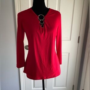 NWT INC Top. Long sleeve. Real Red w Gold Rings. Size M.